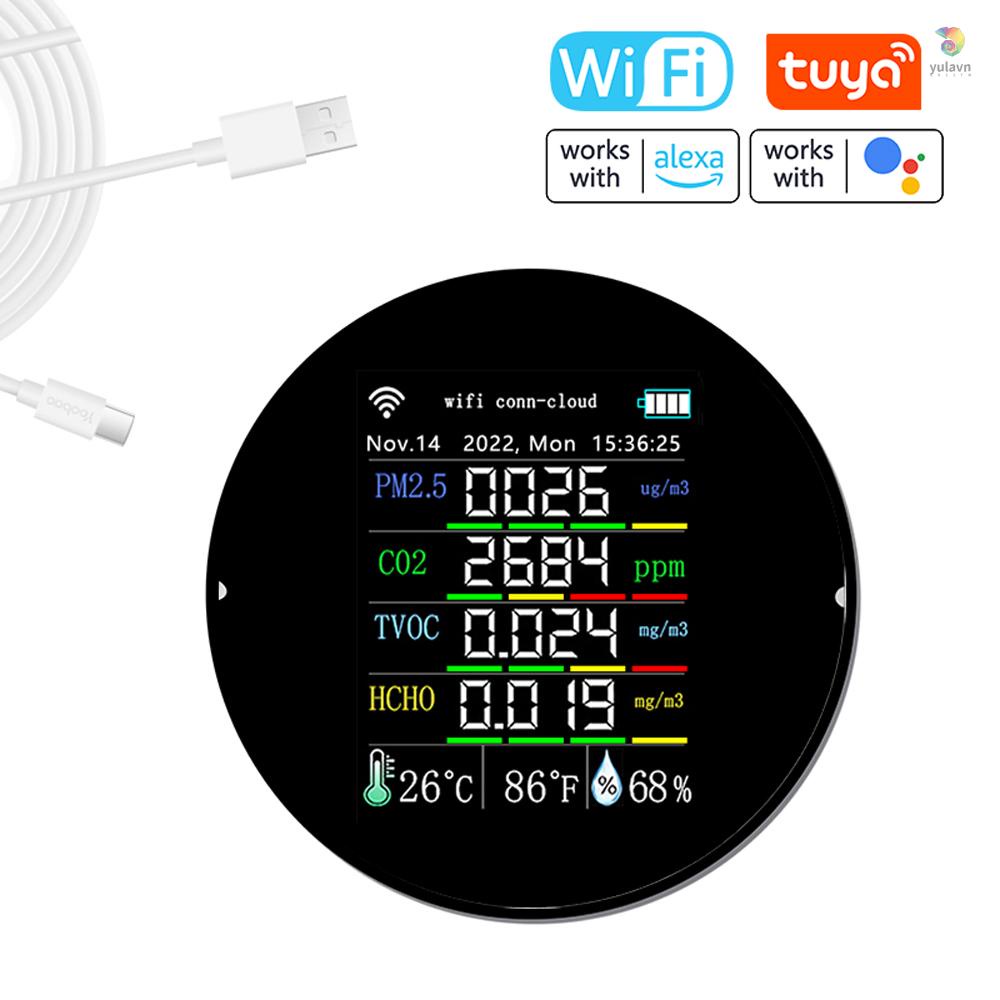 Thiết Bị Đo Độ Ẩm Không Khí Kết Nối Wifi 7 Trong 1 PM2.5 CO2 TVOC HCHO AQI Có Màn Hình Hiển Thị Màu
