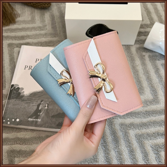 Ví Da Pu Đựng Thẻ / Tiền Xu Phối Màu Tương Phản Đính Nơ Xinh Xắn Cho Nữ