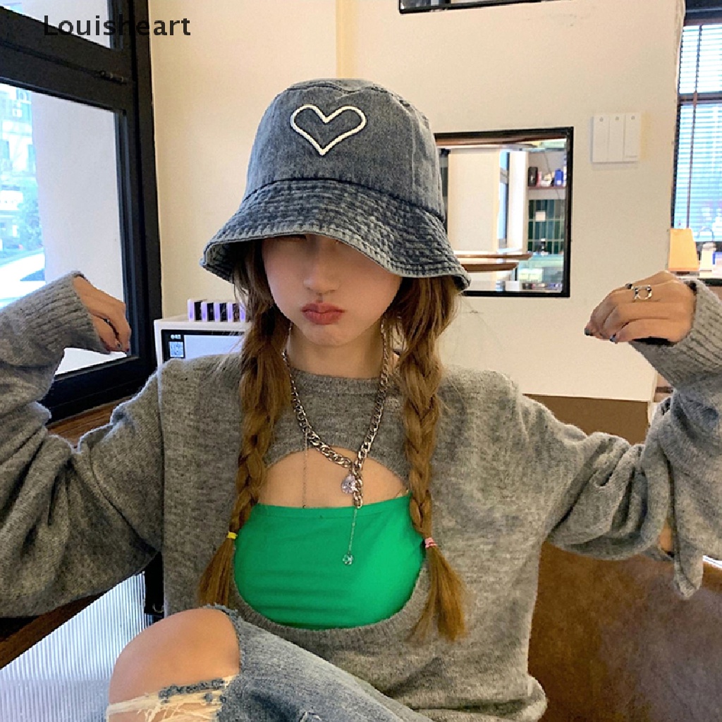 Mũ Tai Bèo Denim Chống Nắng Chống Gió Thêu Họa Tiết Trái Tim TFG Thời Trang Unisex
