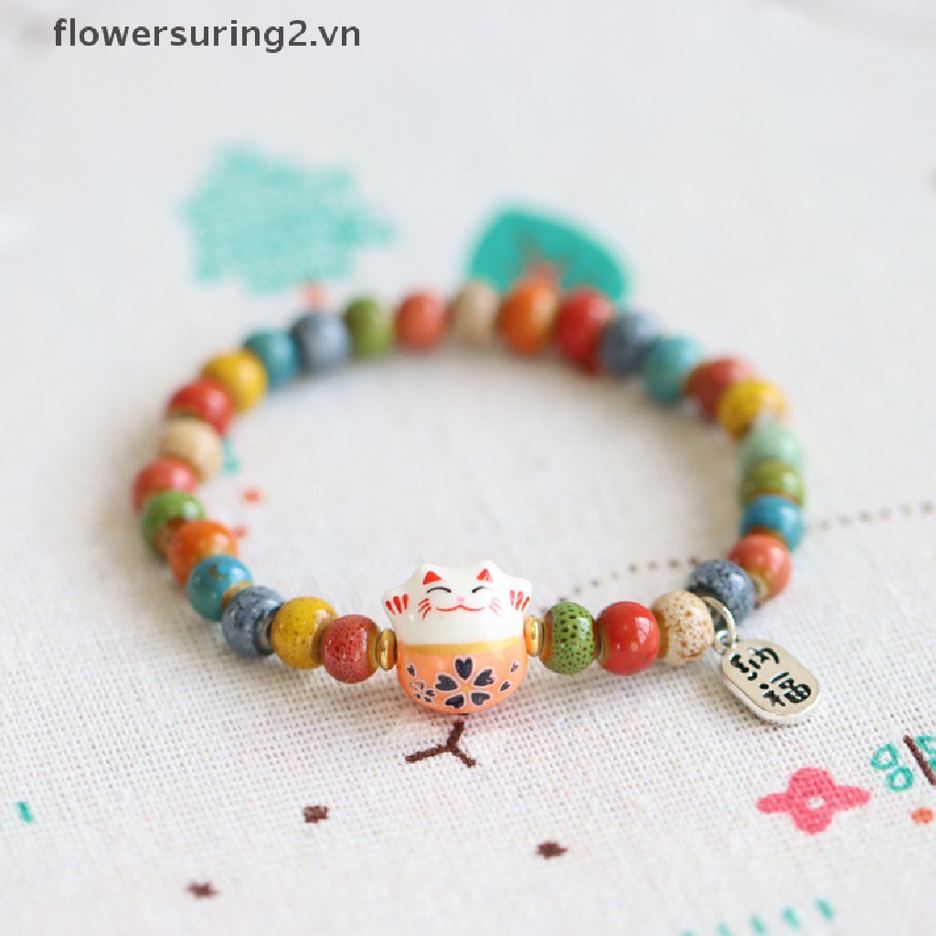 Vòng Tay Mặt Hình Mèo May Mắn Bằng Sứ Dễ Thương