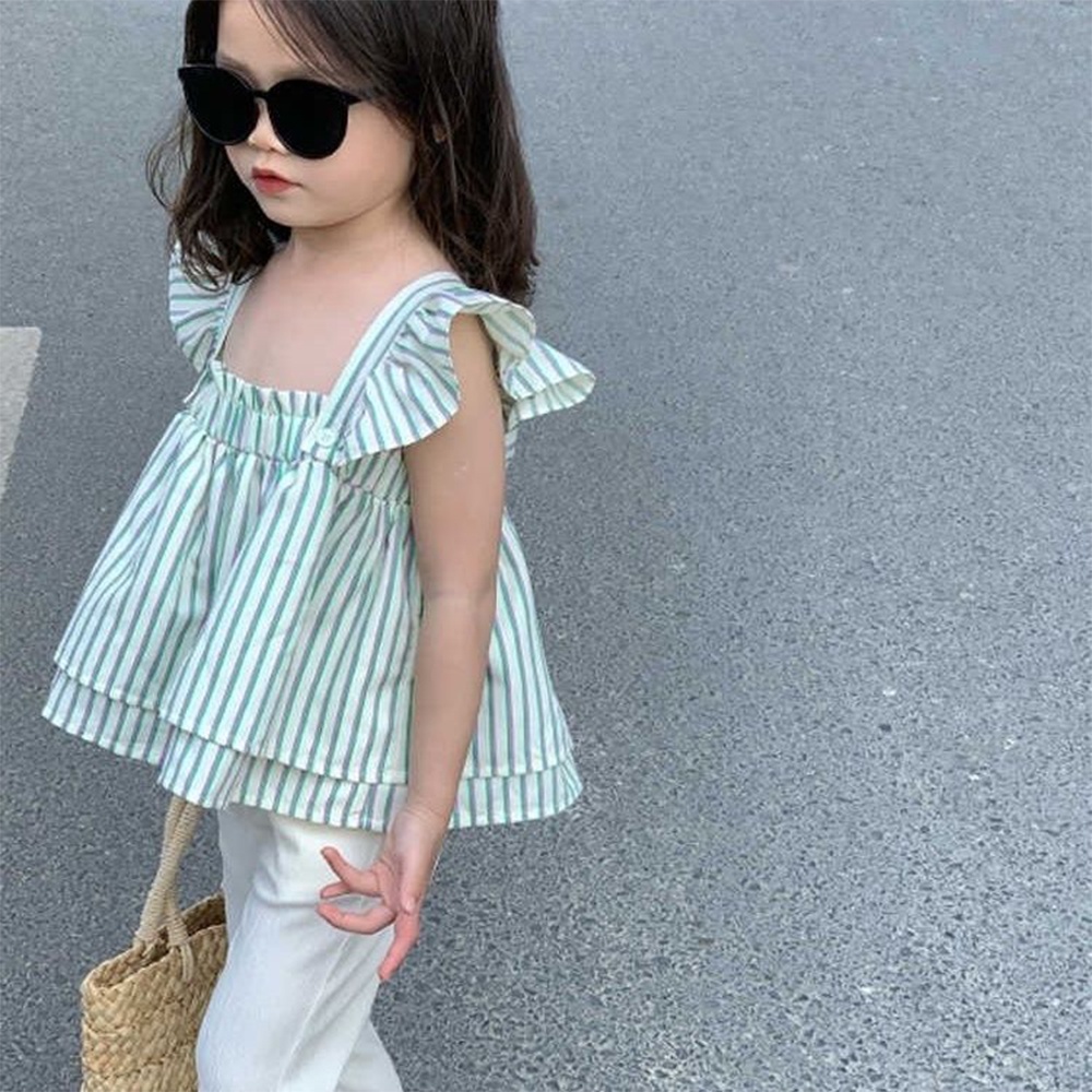 BEAR LEADER Set Áo Sơ Mi Kẻ Sọc Xanh Lá + Quần Dài Ống Loe Thời Trang Hàn Quốc Mới 2023 Cho Bé Gái