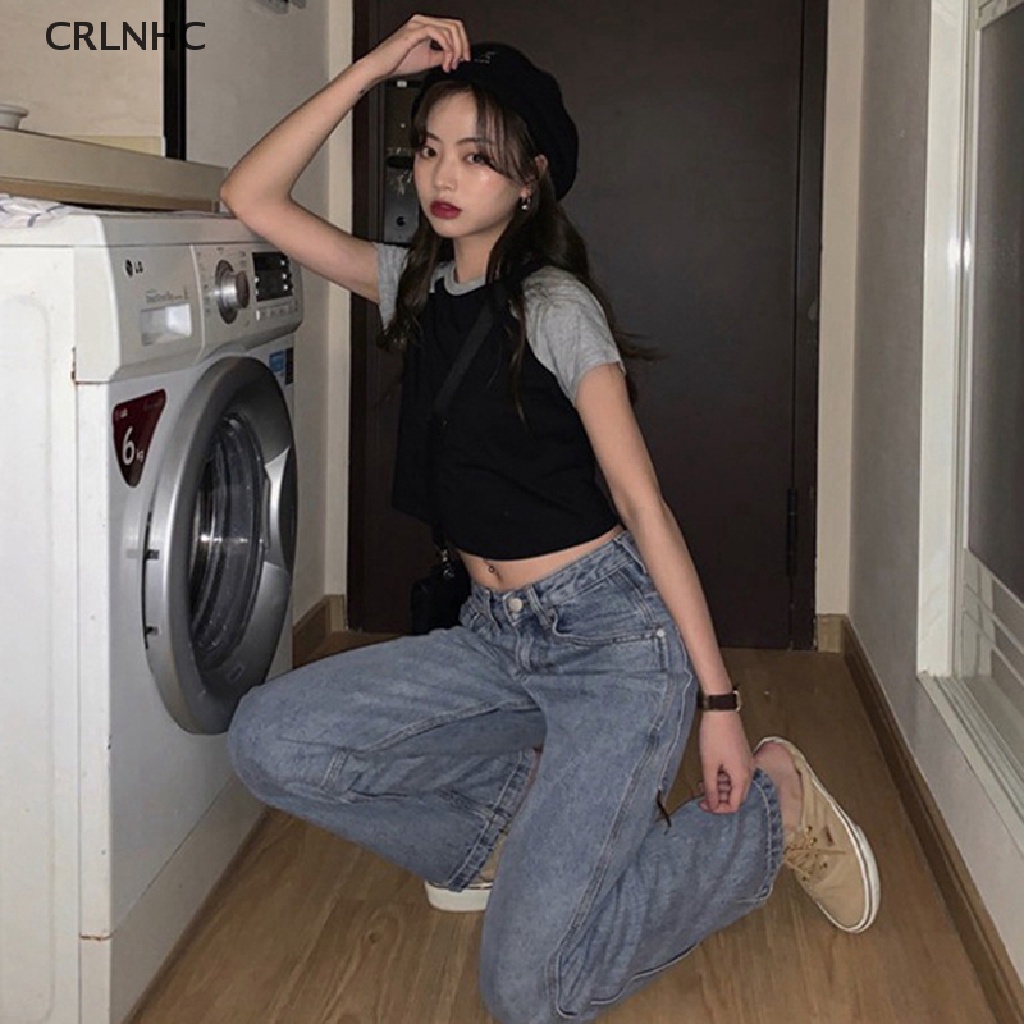 CRLNHC Áo Thun Croptop Tay Ngắn Cổ Tròn Màu Sắc Tương Phản Thời Trang Mùa Hè Cho Nữ