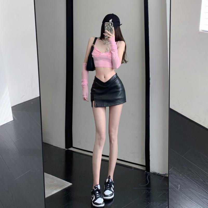 Chân Váy Da PU CY03 Dáng Ôm Lưng Thấp Màu Trơn Thời Trang Dự Tiệc Cho Nữ