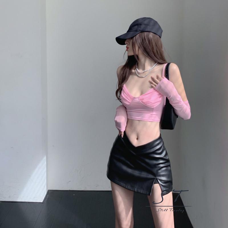 Chân Váy Da PU CY03 Dáng Ôm Lưng Thấp Màu Trơn Thời Trang Dự Tiệc Cho Nữ