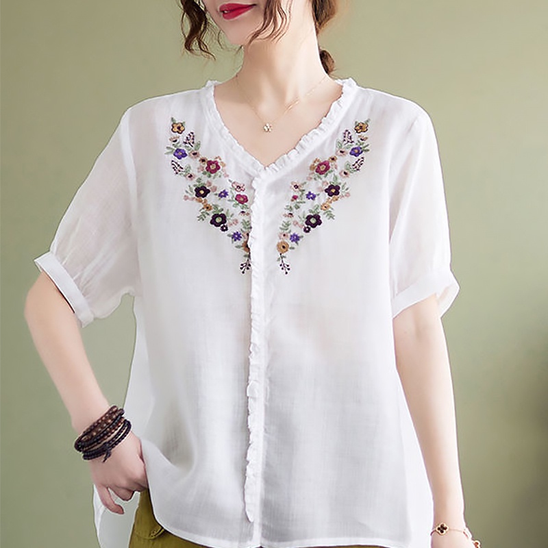 Áo Sơ Mi Vải Lanh cotton Thêu Họa Tiết Phong Cách Trung Hoa Cho Nữ