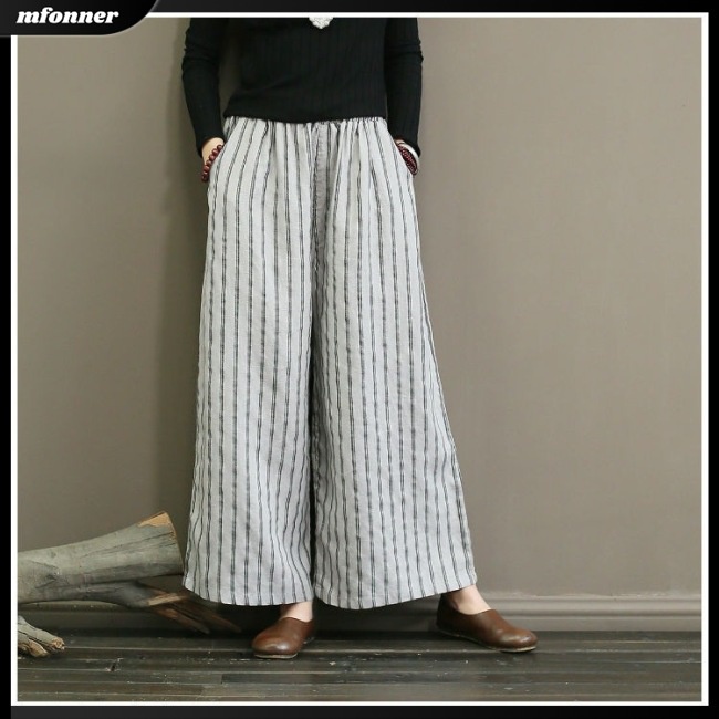 Quần Cotton Lanh Ống Rộng Thoáng Khí Họa Tiết Kẻ Sọc Hợp Thời Trang Cho Nữ