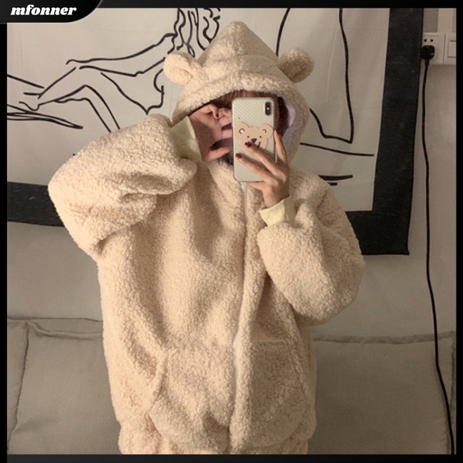 Áo Khoác Dài Tay Giữ Ấm Có Khóa Kéo Thiết Kế Tai Thỏ Dễ Thương Cho Nữ