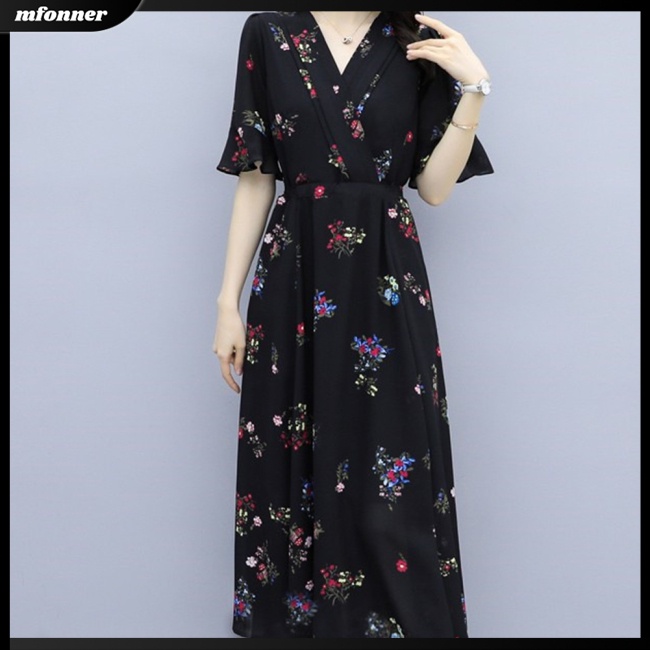 Đầm Chiffon Dài Đến Đầu Gối Tay Ngắn in Họa Tiết Hoa Thời Trang Mùa Hè Xinh Xắn Cho Nữ