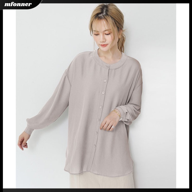 Áo Sơ Mi Chiffon Tay Dài Cổ Tròn Dáng Rộng Màu Sắc Đơn Giản Thanh Lịch Dành Cho Nữ