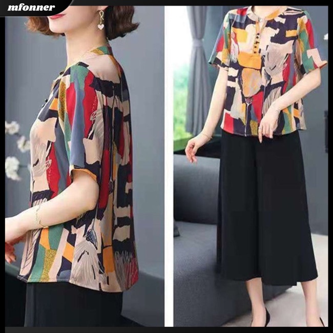 Áo Sơ Mi Tay Ngắn Cổ Đứng Dáng Rộng In Họa Tiết Kiểu Retro Thời Trang Mùa Hè Cho Bạn Gái