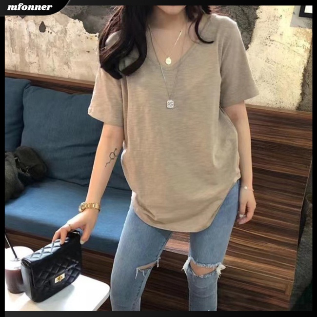 Áo Thun Nữ Tay Ngắn Cổ Chữ V Màu Trơn Thời Trang