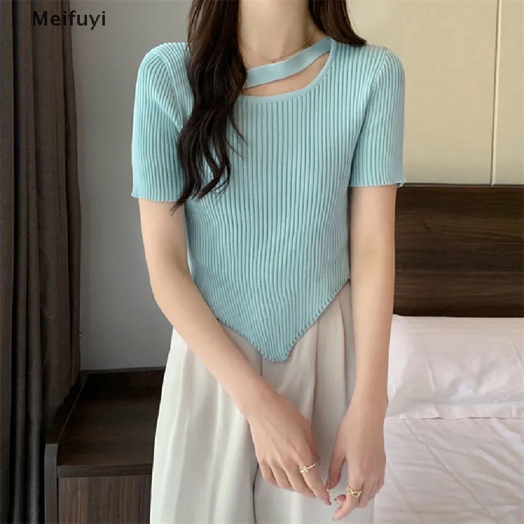 Áo Thun Dệt Kim Ngắn Tay Màu Trơn Thời Trang Mùa Hè Cho Nữ