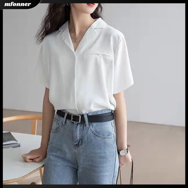 Áo Sơ Mi Chiffon Tay Ngắn Cổ Chữ V Màu Sắc Đơn Giản Thanh Lịch Dành Cho Nữ