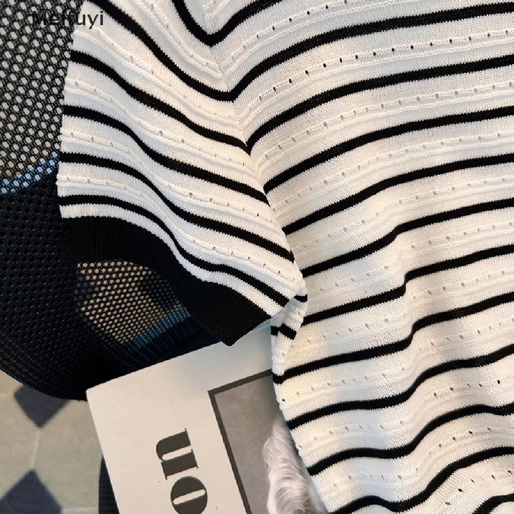 Áo Croptop Dệt Kim Ngắn Tay Cổ Tròn Họa Tiết Kẻ Sọc Phong Cách Retro