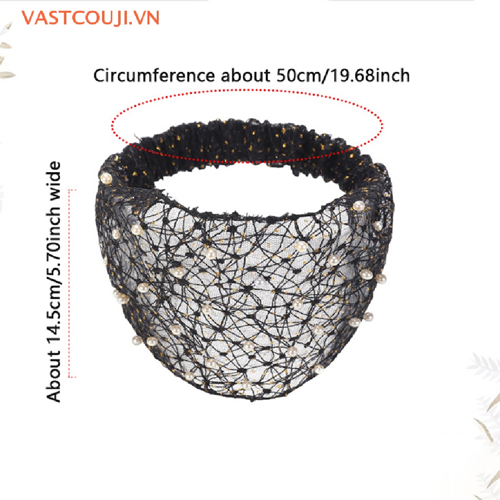 Băng Đô Cài Tóc Bản Rộng Phối Lưới Thoáng Khí Đính Ngọc Trai Giả