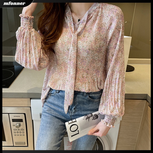 Áo Sơ Mi Chiffon Dài Tay Cổ V Thắt Nơ Họa Tiết Hoa Thời Trang Nữ