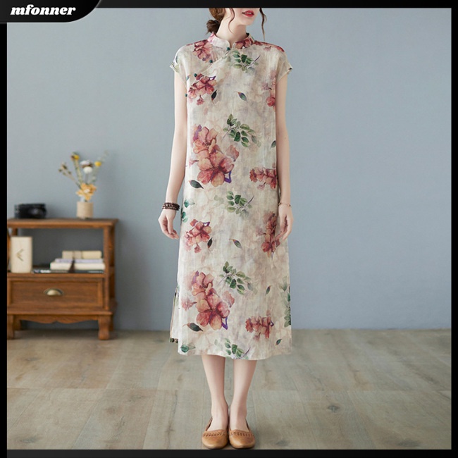 Mw Đầm Sườn Xám Cotton Pha Thoáng Khí In Họa Tiết Hoa Lá Cổ Đứng Thoải Mái Cho Nữ