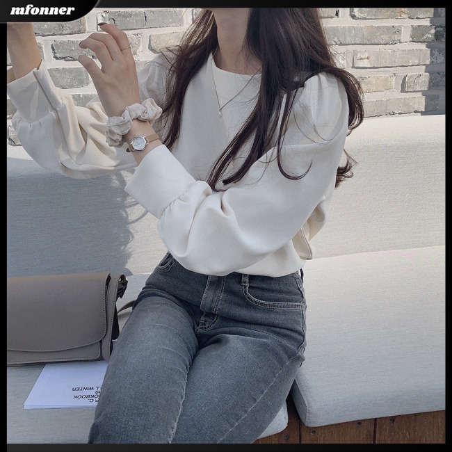 Áo Sơ Mi Tay Dài Phồng Cổ Tròn Màu Sắc Đơn Giản Thoáng Khí Dành Cho Nữ