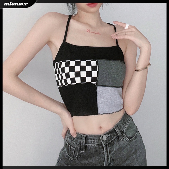 Set Đồ 2 Món Gồm Áo Sơ Mi Tay Dài Dáng Rộng Kẻ Caro Màu Tương Phản + Áo Hai Dây Thời Trang Cho Nữ