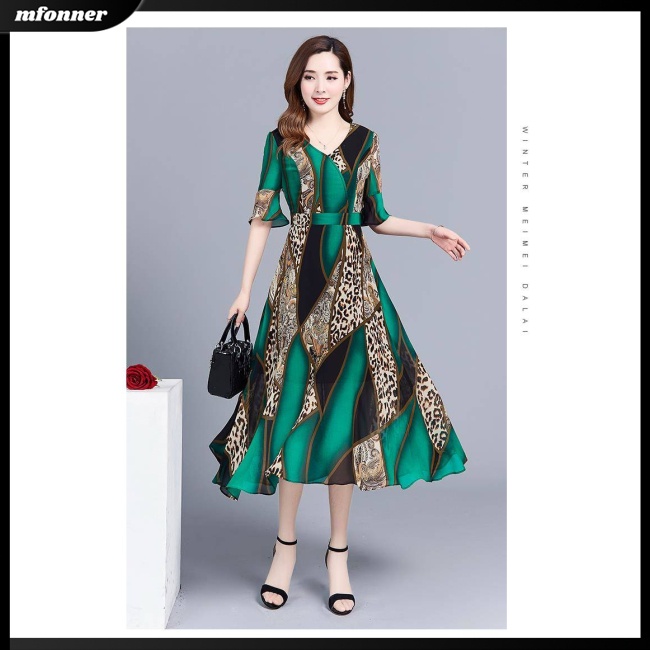 Đầm Midi Giả Lụa Mát Tay Ngắn Cổ Tròn In Họa Tiết Phong Cách Cổ Điển Thời Trang Cho Nữ