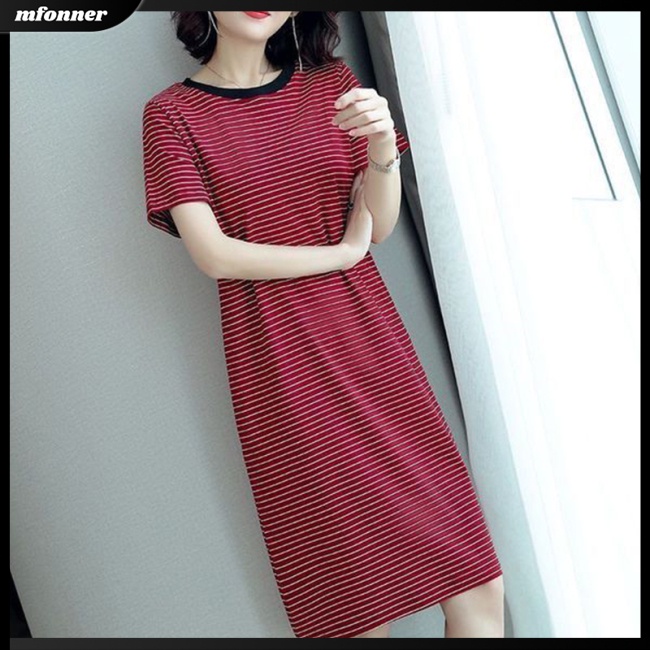 Đầm Thun Dáng Dài Qua Gối Tay Ngắn Cổ Tròn Họa Tiết Kẻ Sọc Thời Trang Cho Nữ
