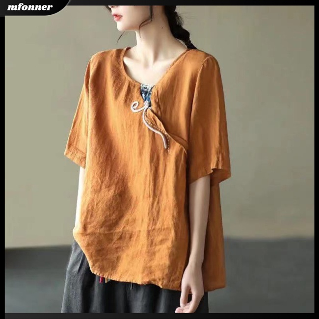 Áo Sơ Mi Vải Lanh Cotton Dáng Rộng Thêu Họa Tiết Kiểu Retro Trung Hoa Cho Nữ