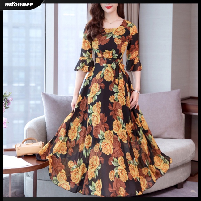 Đầm Dài Chữ A Tay Lửng In Họa Tiết Thời Trang Mùa Hè Dành Cho Nữ