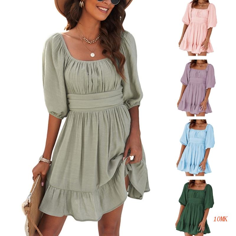 Đầm Cổ Vuông Tay Phồng Hở Lưng Phối Bèo Xinh Xắn Dành Cho Nữ