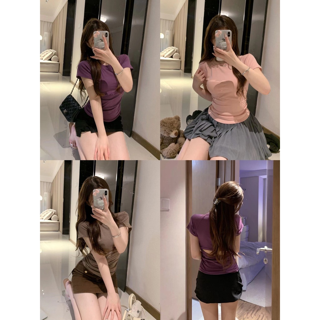 Áo Thun Tay Ngắn Dáng Ôm Màu Trơn Thời Trang Mùa Hè Xinh Xắn Cho Nữ