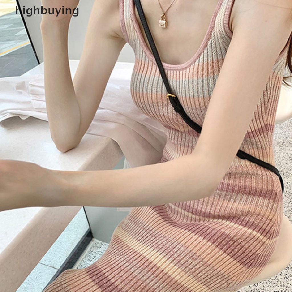 Đầm Dệt Kim Ôm Dáng Không Tay Họa Tiết Kẻ Sọc Màu Hồng Belle Thời Trang Mùa Hè Cho Nữ