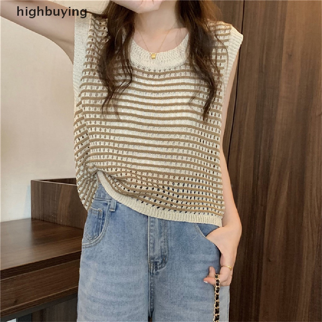 Áo Dệt Kim Không Tay Dáng Rộng Họa Tiết Kẻ Sọc Thời Trang Mùa Hè Cho Nữ