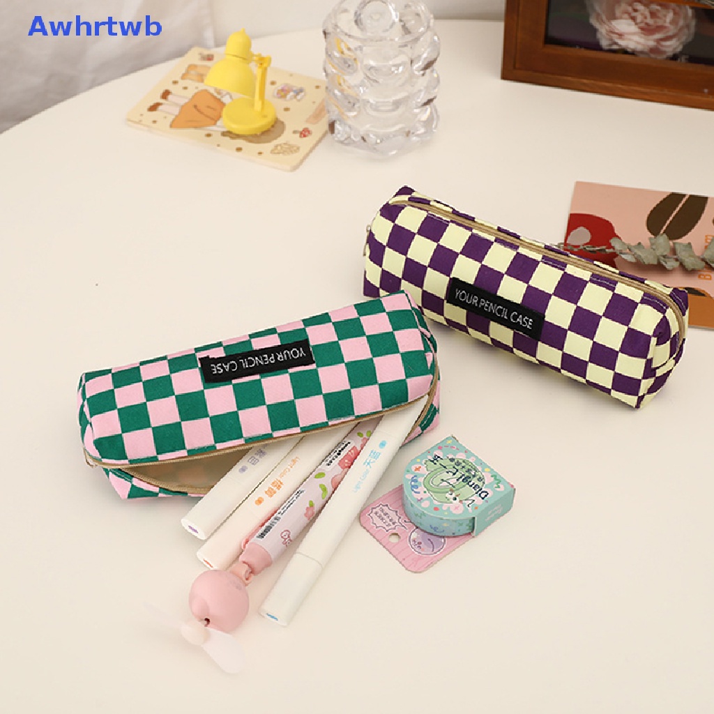 Túi Đựng Bút Chì / Mỹ Phẩm Awhrtwb Bằng Vải Canvas Kẻ Ô Dung Tích Lớn Dễ Thương Sáng Tạo Mới