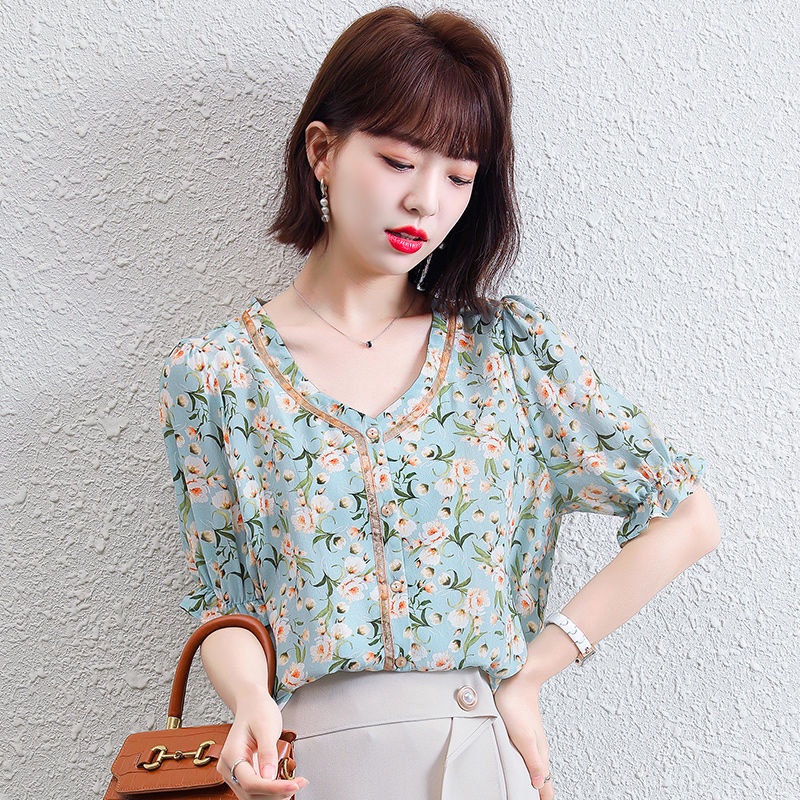 Áo Kiểu Tay Ngắn Cổ Chữ V Hoạ Tiết Hoa Thiết Kế Dáng Rộng Hợp Thời