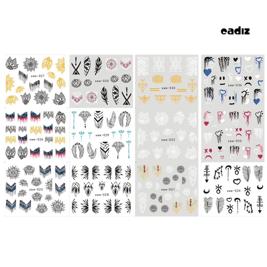 Bộ 12 Miếng Dán Móng Tay Chuyển Nước Tự Dính Không Phai Siêu Mỏng Họa Tiết Hoa Ma Rốc / Lông Vũ / Hoa