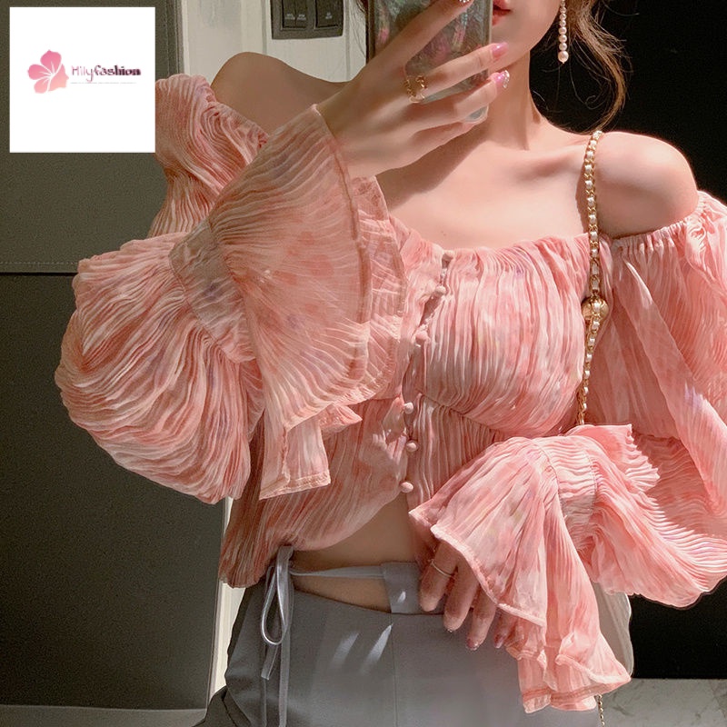 Áo Chiffon Hoa Tay Dài Trễ Vai Màu Hồng Phong Cách Mới 2023