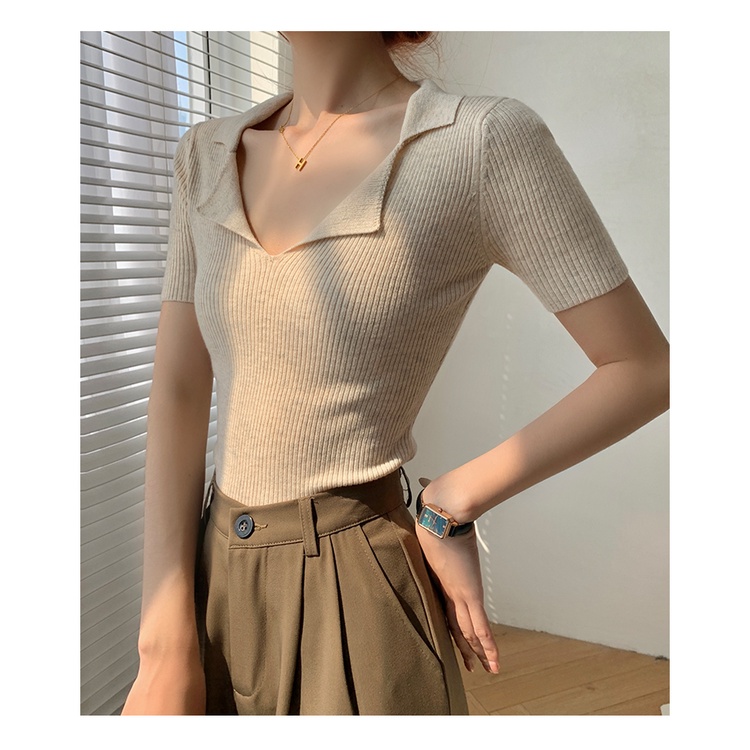 SUXI Áo polo Dệt Kim Tay Ngắn Cổ V Dáng Ôm Thiết Kế Đơn Giản Cho Nữ