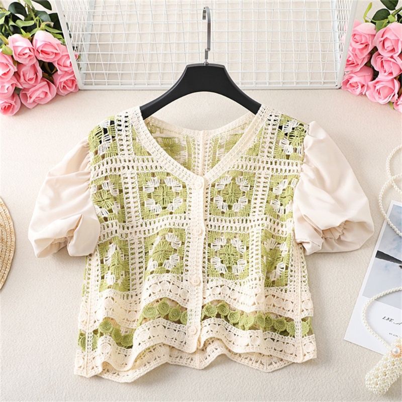 Xiangbao Áo Cardigan Dệt Kim Tay Ngắn Phồng Cài Nút Kiểu Vintage Cho Nữ
