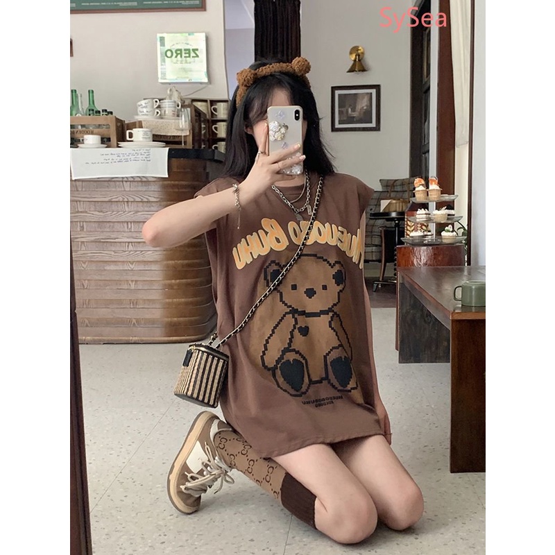 Áo Hai Dây Dáng Rộng Họa Tiết Gấu Hoạt Hình Thời Trang Mùa Hè