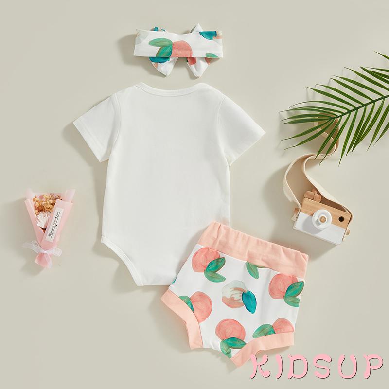 Set Đồ Mùa Hè 1 Món Gồm Áo Trắng Cổ Tròn Tay Cộc + Quần In Họa Tiết Đào + Băng Cài Đầu Cho Bé Gái