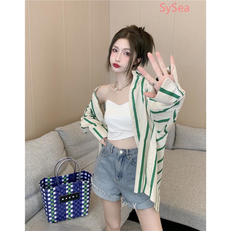 Áo Sơ Mi Kẻ Sọc Dáng Rộng Thời Trang Mùa Hè Hàn Quốc Cho Nữ