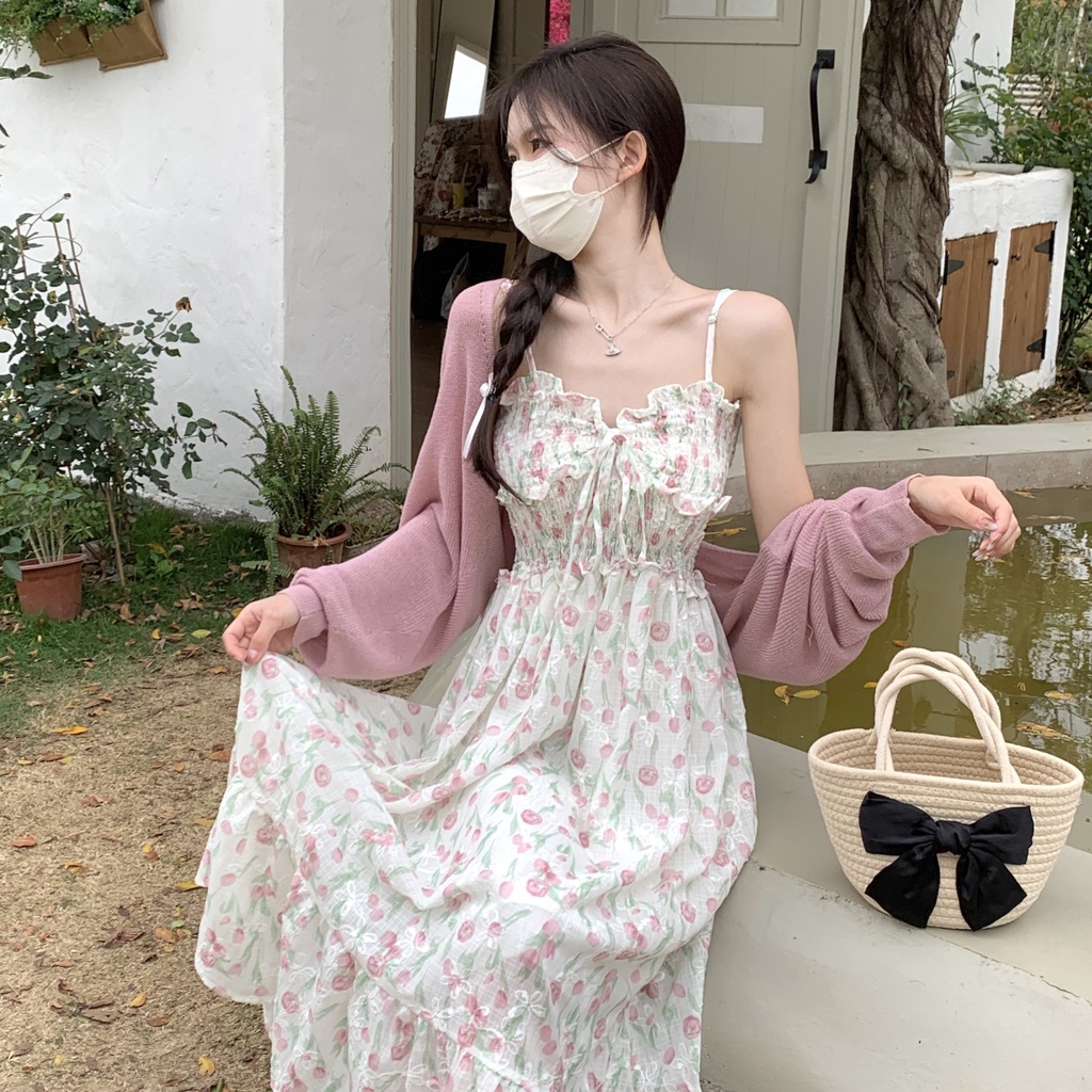 Set Đầm Hai Dây Họa Tiết Hoa Và Áo Khoác Cardigan Thời Trang Xuân Thu Cho Nữ