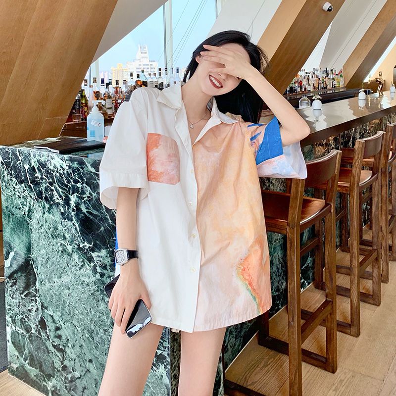 Áo Sơ Mi Tay Ngắn Dáng Rộng In Họa Tiết Tranh Sơn Dầu Độc Đáo Thời Trang Cho