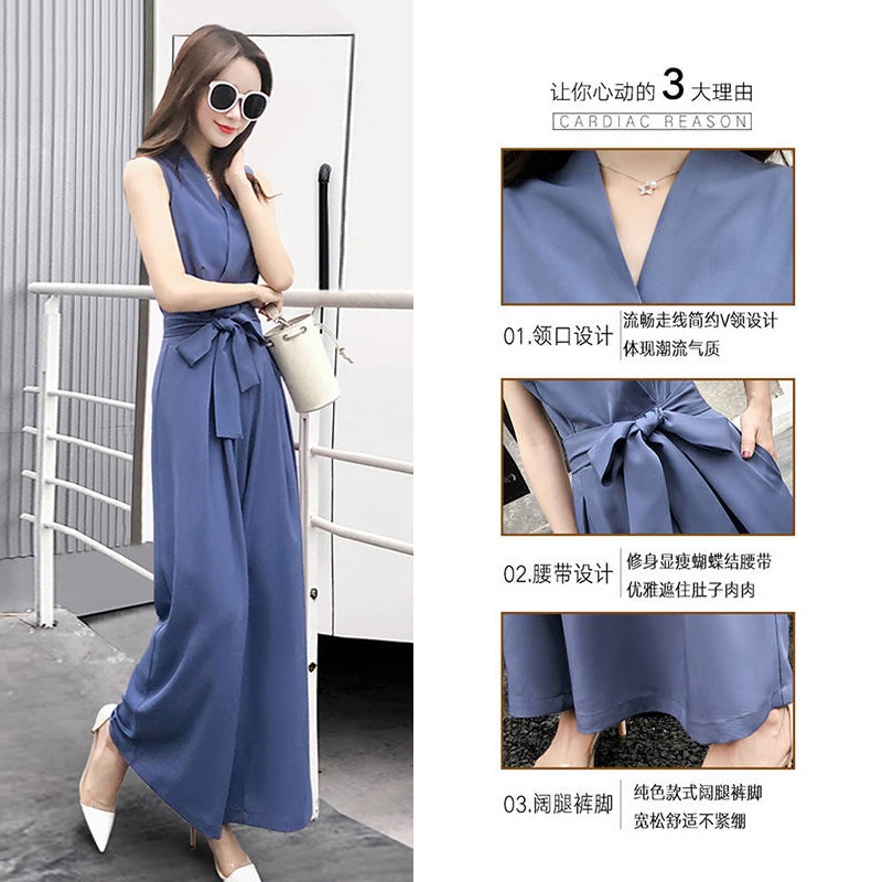 Áo Liền Quần Không Tay Cổ Chữ V Lưng Cao Ống Rộng Thời Trang Mùa Hè Phong Cách Hàn Quốc Cho Nữ