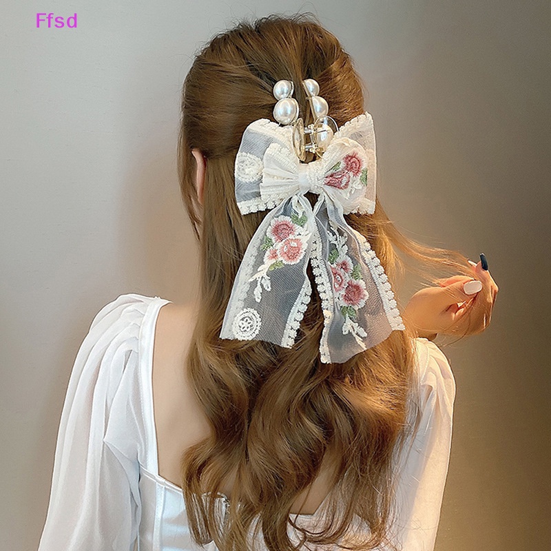 {Ffsd} Kẹp Tóc Thắt Nơ Bằng Vải Thêu Hoa Hồng Phối Ren Đơn Giản Phong Cách Hàn Quốc Dành Cho Bạn Gái *