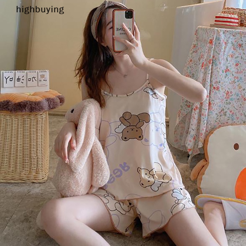 Bộ Đồ Ngủ 2 Mảnh Áo Hai Dây Phối Quần Short Dáng Rộng In Hoạt Hình Thời Trang Mùa Hè Cho Bạn Gái