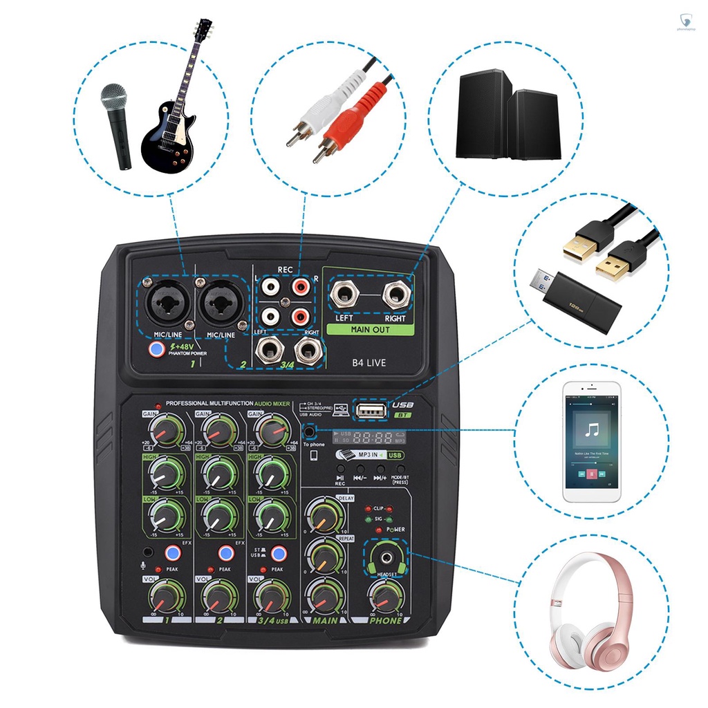 Bảng Điều Khiển Âm Thanh 4 Kênh Tích Hợp USB BT Kết Nối Với 2 Băng Tần EQ