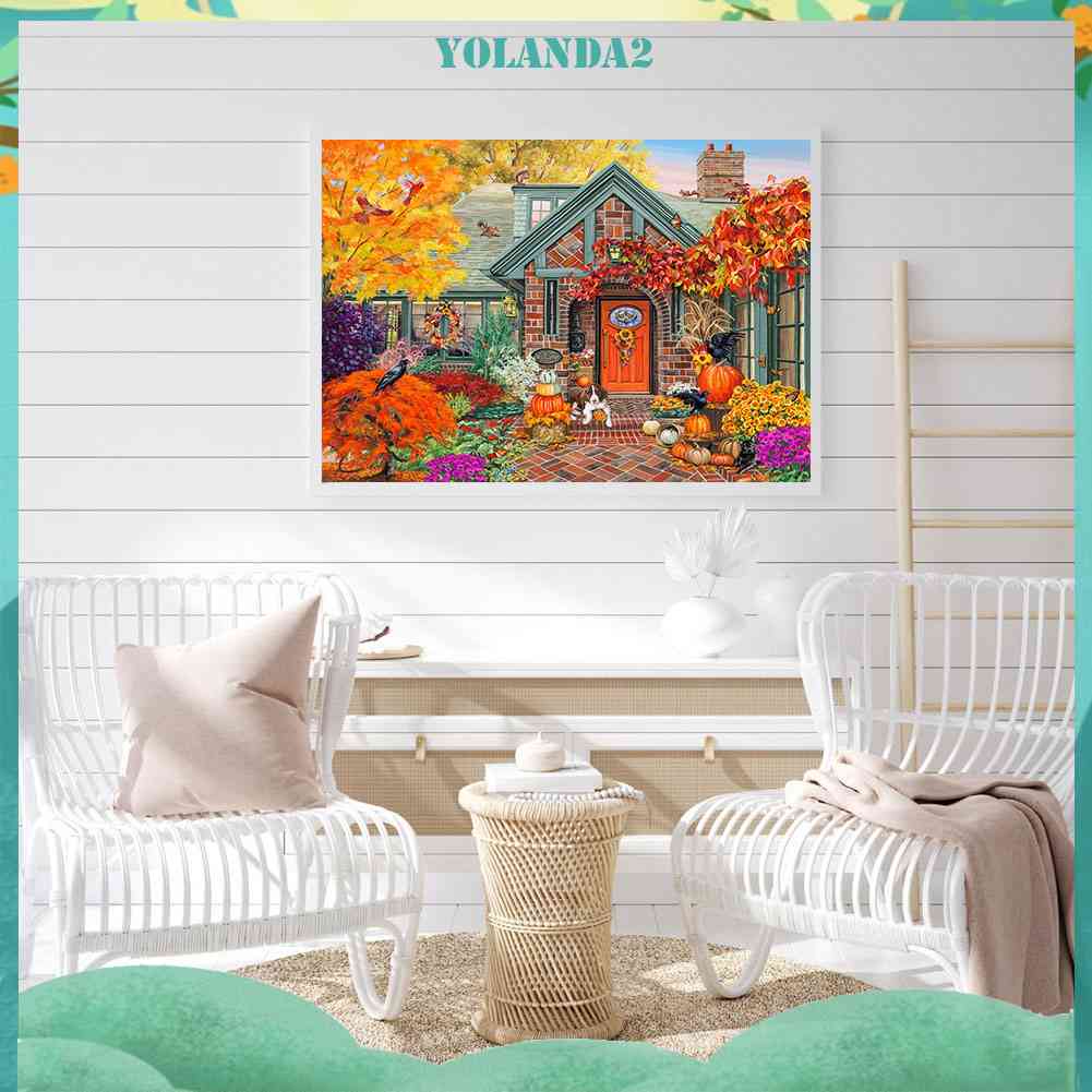 Tranh Đính Đá Kim Cương Toàn Bộ 5D DIY Hình Chú Chó Ngoài Sân Vườn Mùa Thu