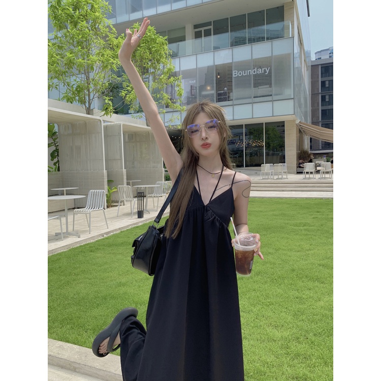 Đầm Hai Dây Cổ Chữ V Màu Đen Thời Trang Quyến Rũ Cho Nữ