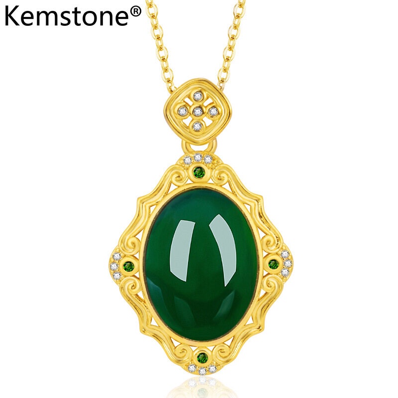 Vòng cổ Mạ Vàng 24K Đính Đá Ngọc Bích Xanh Phong Cách Vintage