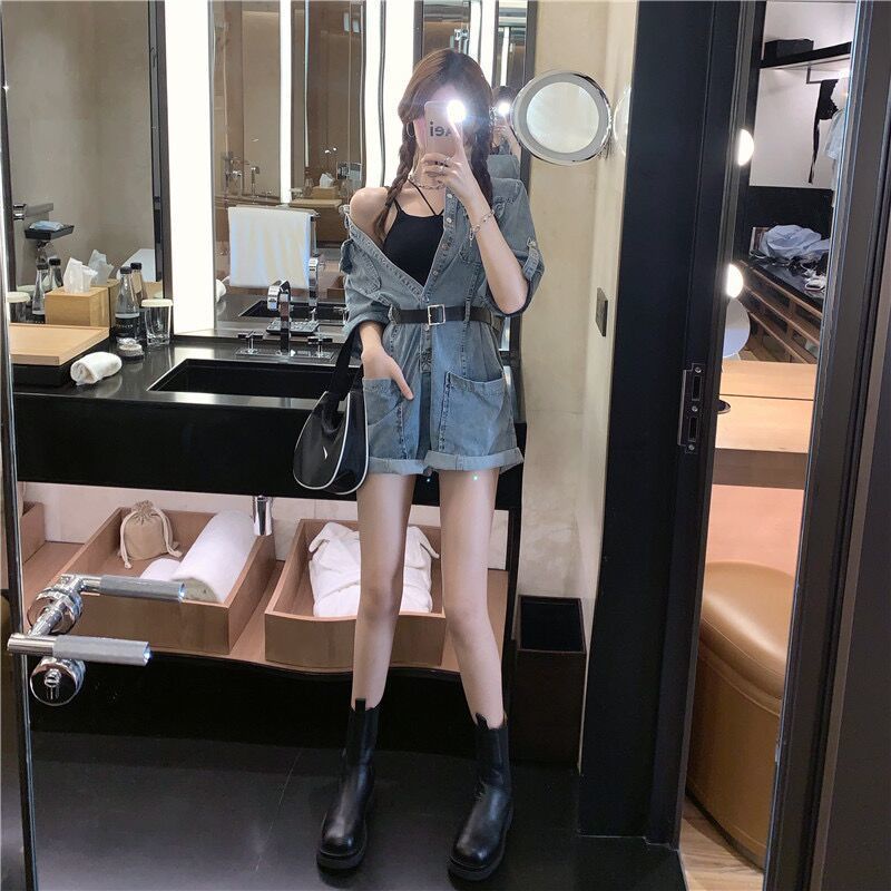 Áo Liền Quần Denim Eo Cao Dáng Ngắn Ôm Sát Phối Túi Trẻ Trung Hợp Thời Trang Hè 2023 Cho Bạn Gái